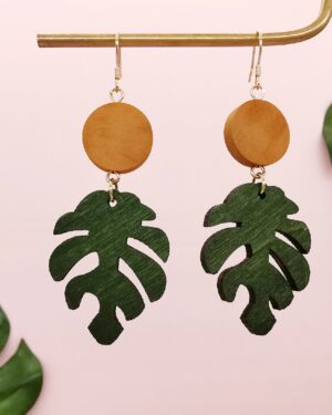 Wood Tropical Leaf Monstera Earrings