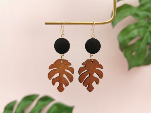 Wood Tropical Leaf Monstera Earrings - Image 3