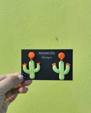 Handmade Polymer Clay Earrings - Green/Orange Cactus