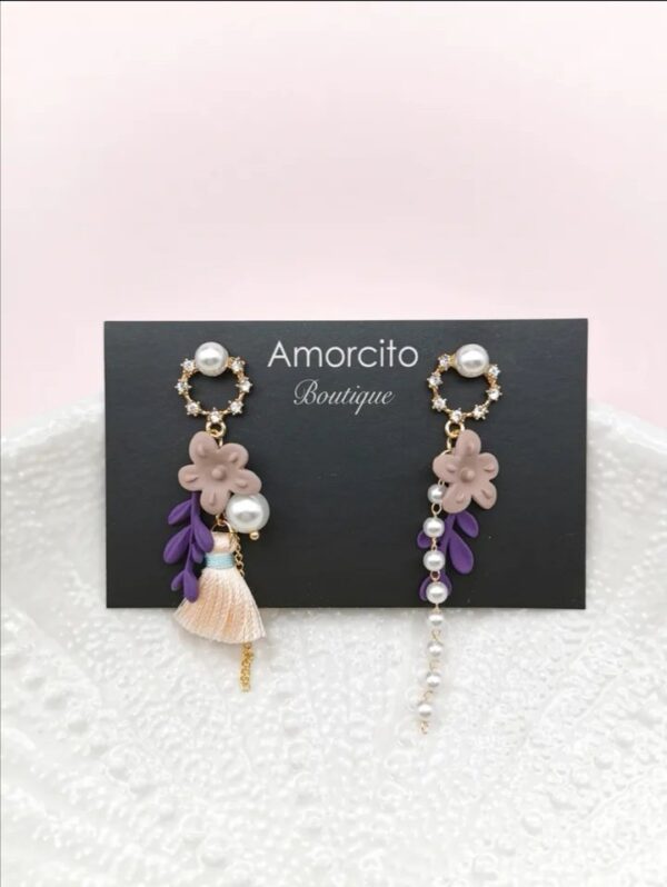 Matte Finish Asymmetric Flower Tassel Earrings - Image 5