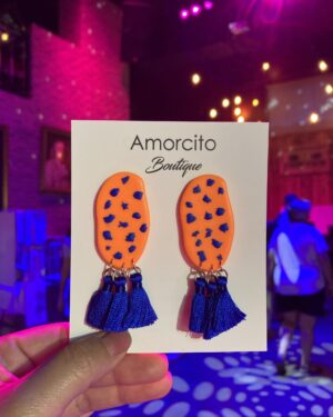 Handmade Polymer Clay Earrings - Navy Neon Orange Color Blocking & Tassels