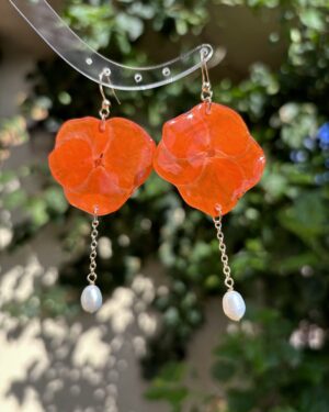 Handmade Real Flower Earrings - Orange Hydrangea + Pearl Pendant