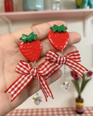 Handmade Polymer Clay Earrings - Strawberry Ribbon