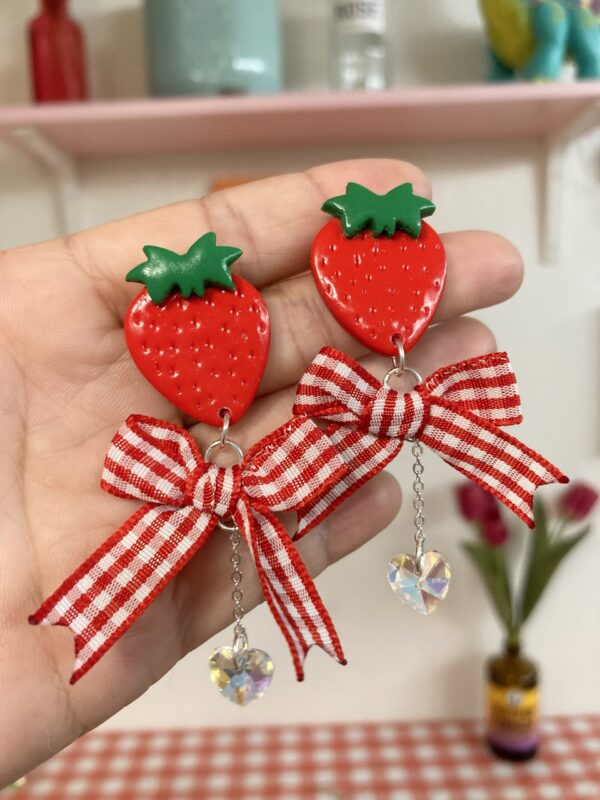 Handmade Polymer Clay Earrings - Strawberry Ribbon