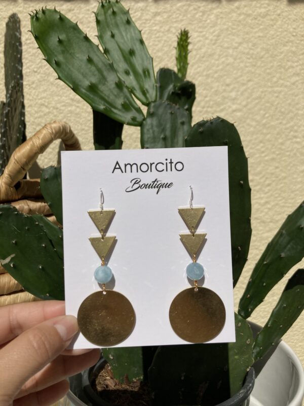 Handmade Boho Geometric Brass Drop Earrings - Aquamarine - Image 3