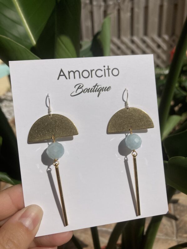 Handmade Boho Geometric Brass Drop Earrings - Aquamarine - Image 4