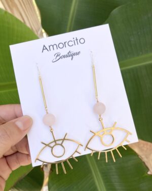 Handmade Boho Geometric Brass Earrings - Rose Quartz