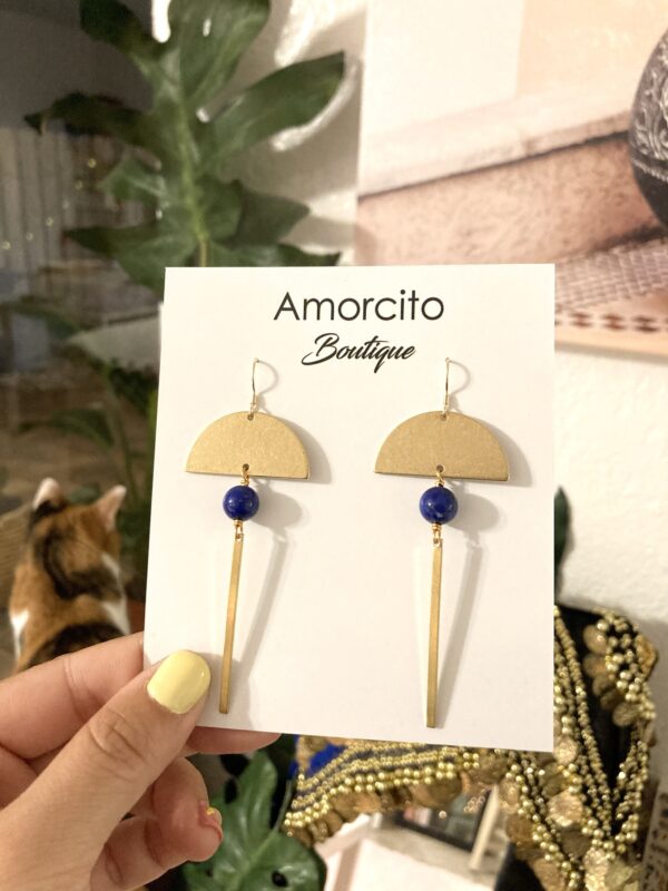 Handmade Boho Geometric Brass Earrings - Lapis Lazuli - Image 9