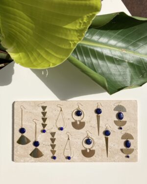 Handmade Boho Geometric Brass Earrings - Lapis Lazuli