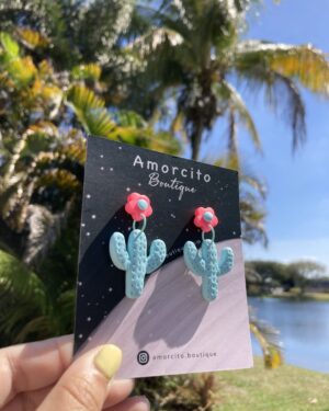 Handmade Polymer Clay Earrings - Mint/Hot Pink Cactus