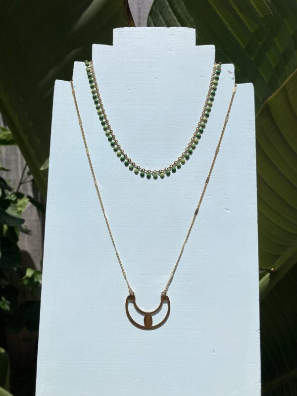 Handmade Ancient Egyptian Style Necklace - 2 Layers Green Dots Ra/Wing Pendant - Image 2