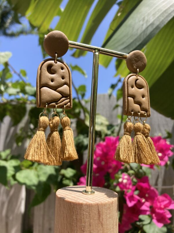 Handmade Polymer Clay Tassel Earrings - Tropical Palm Tree/Desert/Moon/Mountain - Image 3