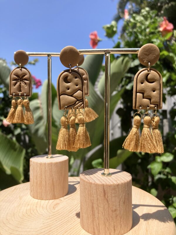 Handmade Polymer Clay Tassel Earrings - Tropical Palm Tree/Desert/Moon/Mountain - Image 5