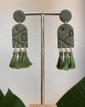 Handmade Polymer Clay Tassel Earrings - Tropical Asymmetric House Sun&Moon/Green