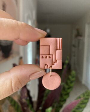 Handmade Polymer Clay Earrings - Tropical Architecture Geometric Studs/Dusty Rose