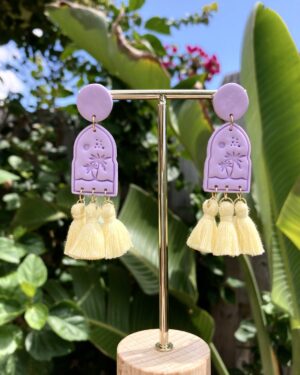 Handmade Polymer Clay Tassel Earrings - Mosque Arch Purple Palm Tree