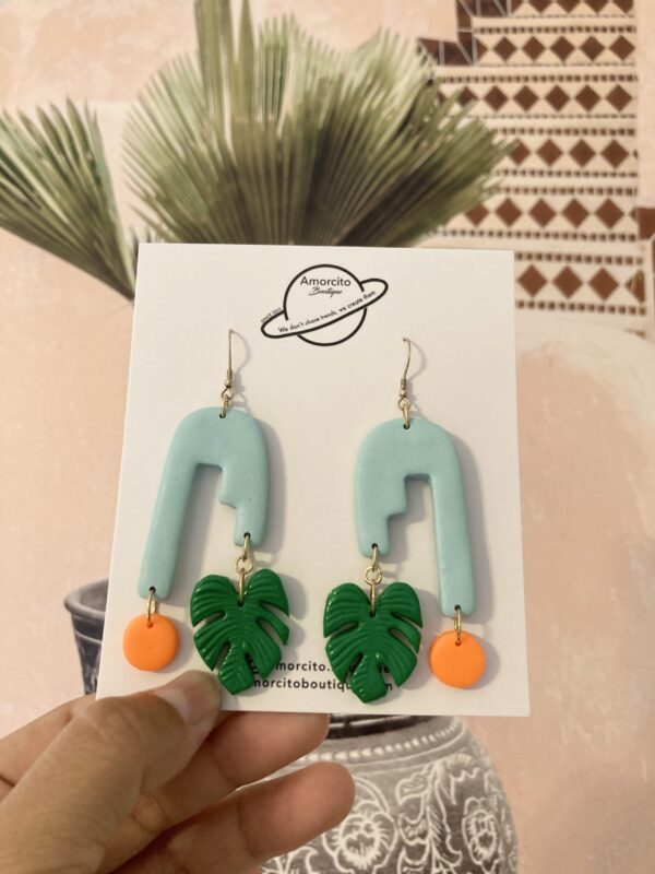 Handmade Polymer Clay Color Blocking Monstera Earrings - Image 4