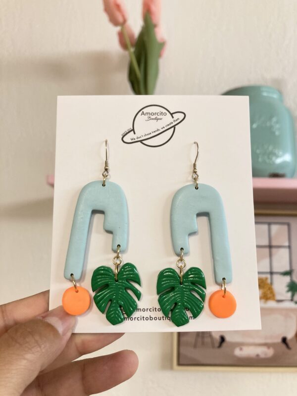 Handmade Polymer Clay Color Blocking Monstera Earrings - Image 3
