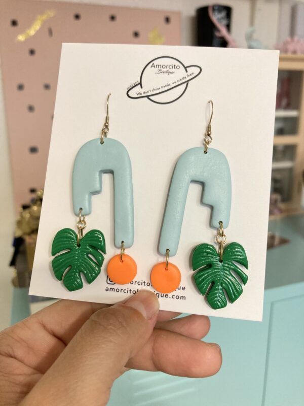 Handmade Polymer Clay Color Blocking Monstera Earrings - Image 2