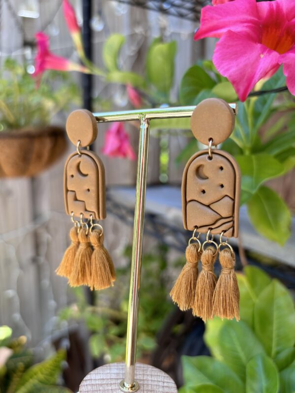 Handmade Polymer Clay Tassel Earrings - Tropical Palm Tree/Desert/Moon/Mountain - Image 4