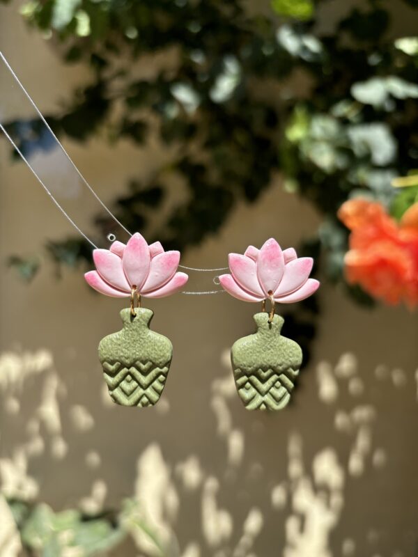 Handmade Polymer Clay Earrings - Pink Lotus/Water Lily on Vase - Image 4