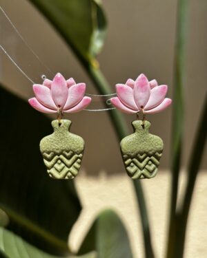 Handmade Polymer Clay Earrings - Pink Lotus/Water Lily on Vase