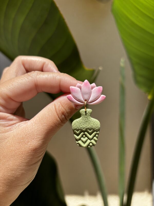 Handmade Polymer Clay Earrings - Pink Lotus/Water Lily on Vase - Image 5