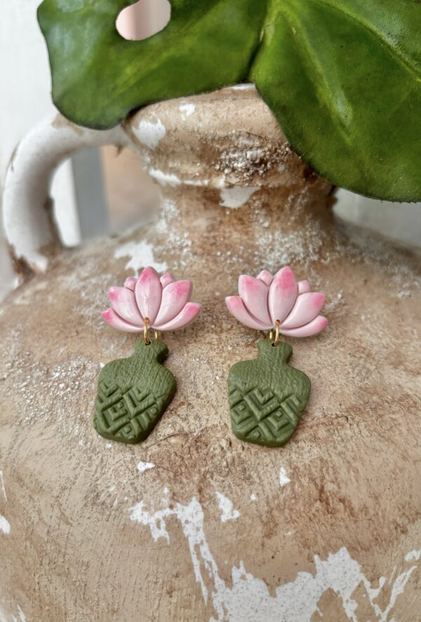 Handmade Polymer Clay Earrings - Pink Lotus/Water Lily on Vase - Image 2