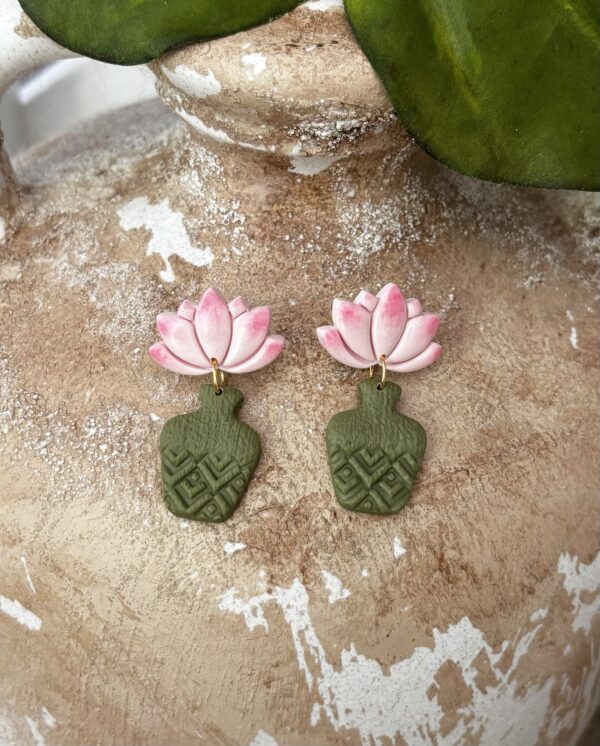 Handmade Polymer Clay Earrings - Pink Lotus/Water Lily on Vase - Image 6