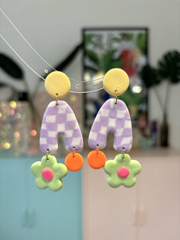 Handmade Polymer Clay Earrings - Geometric Retro/Color Blocking/Plaid/Flower - Image 8