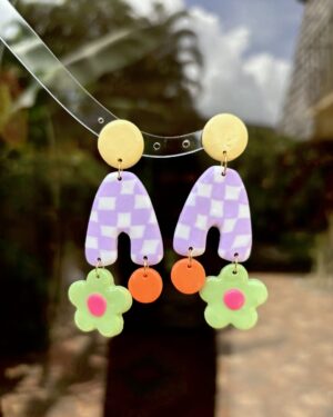 Handmade Polymer Clay Earrings - Geometric Retro/Color Blocking/Plaid/Flower