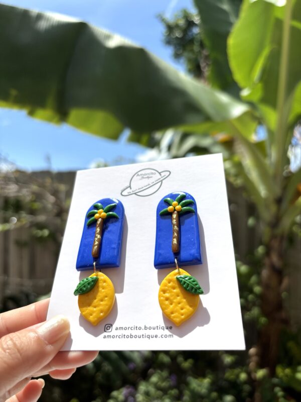 Handmade Polymer Clay Earrings - Lemon and Coconut Tree - Image 7
