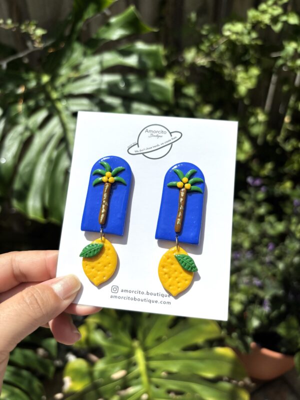 Handmade Polymer Clay Earrings - Lemon and Coconut Tree - Image 2