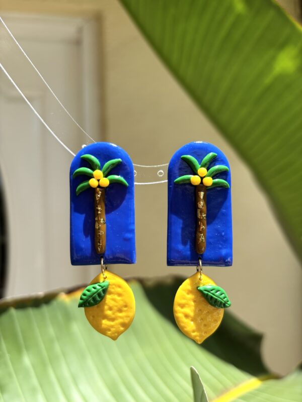 Handmade Polymer Clay Earrings - Lemon and Coconut Tree - Image 3