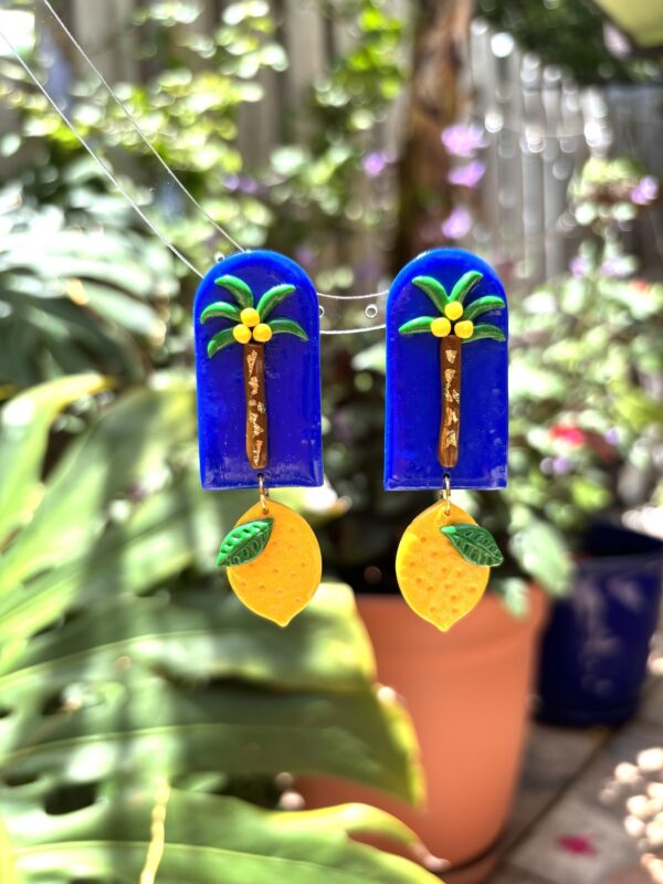 Handmade Polymer Clay Earrings - Lemon and Coconut Tree - Image 5