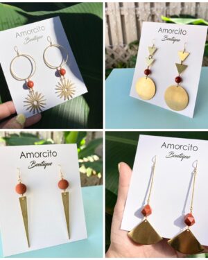 Handmade Boho Geometric Brass Earrings - Red Jasper