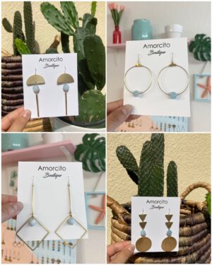 Handmade Boho Geometric Brass Drop Earrings - Aquamarine