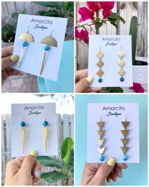 Handmade Boho Geometric Brass Earrings - Apatite