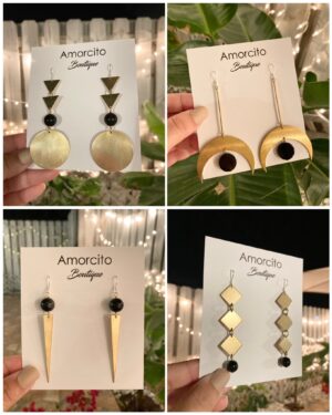 Handmade Boho Geometric Brass Earrings - Black Agate