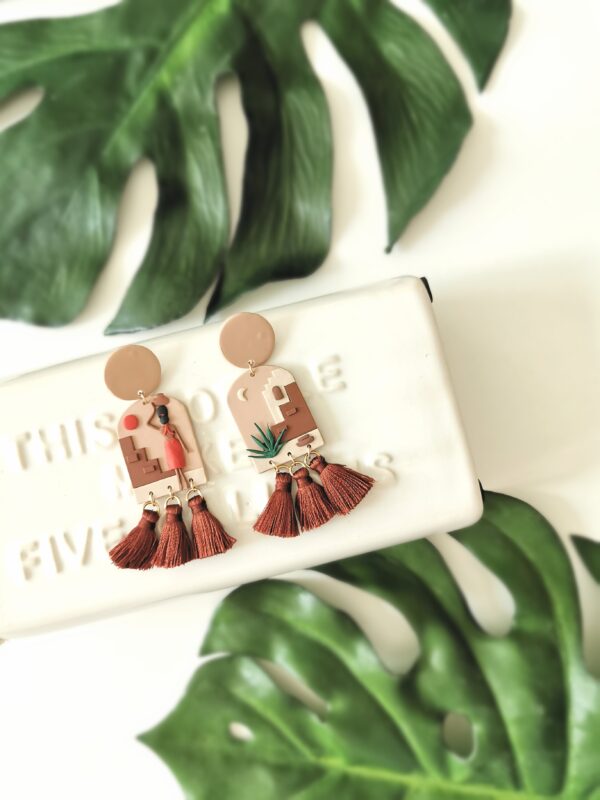 Handmade Polymer Clay Earrings-Tropical Architecture/ Sunset/Woman - Image 6