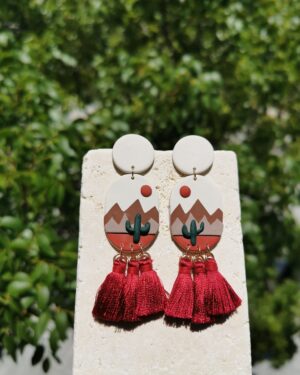 Handmade Polymer Clay Earrings-Sunset Mountain and Cactus