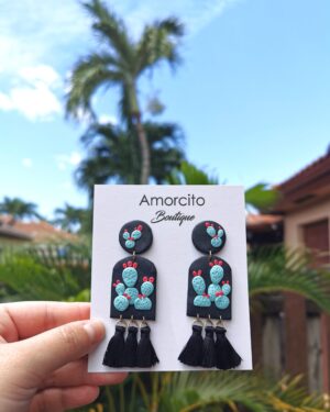 Handmade Polymer Clay Earrings - Black/Mint Cactus
