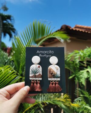 Handmade Polymer Clay Earrings - Tropical Leaves and House