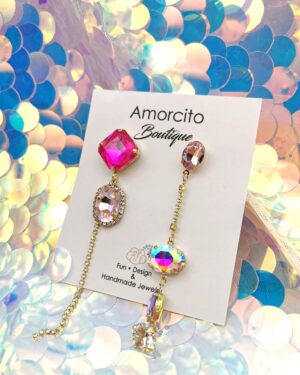 Rhinestone Asymmetric Drop Earrings - Pink & Purple
