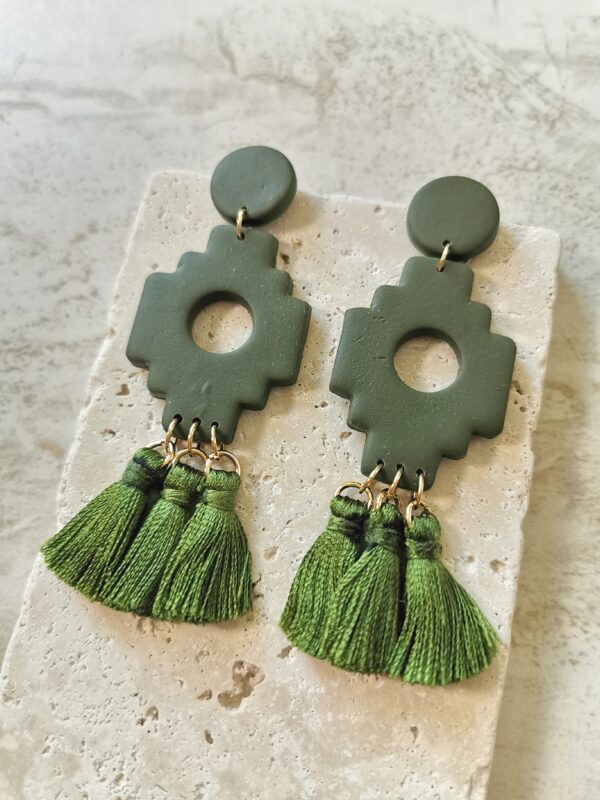 Handmade Aztec Polymer Clay Tassel Earrings - Dark Green - Image 2