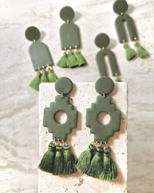 Handmade Aztec Polymer Clay Tassel Earrings - Dark Green