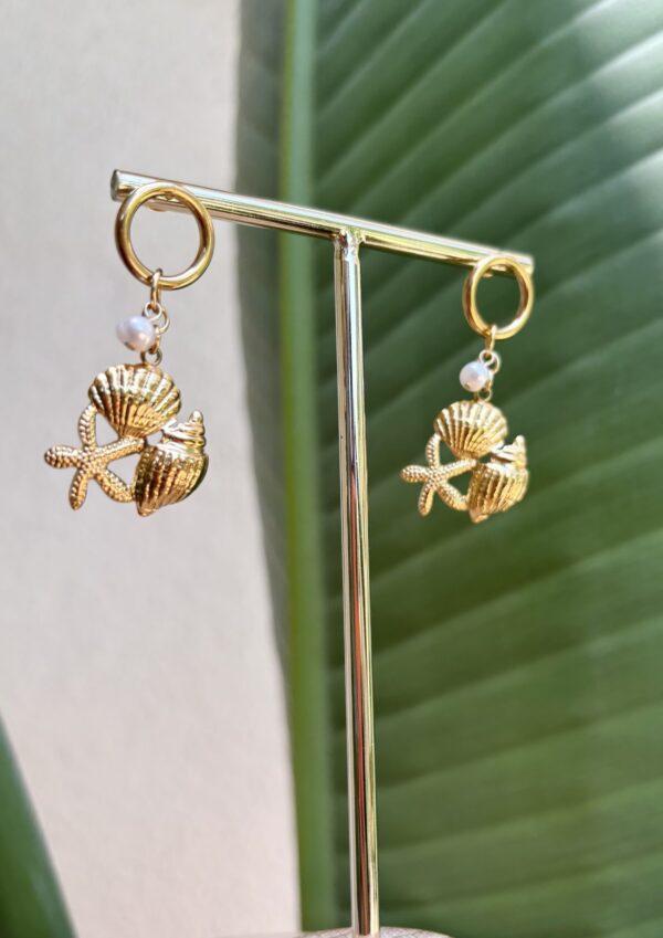 Boho Pearl Earrings - Ocean Collection/Stainless Steel/Starfish Seashell Conch - Image 4