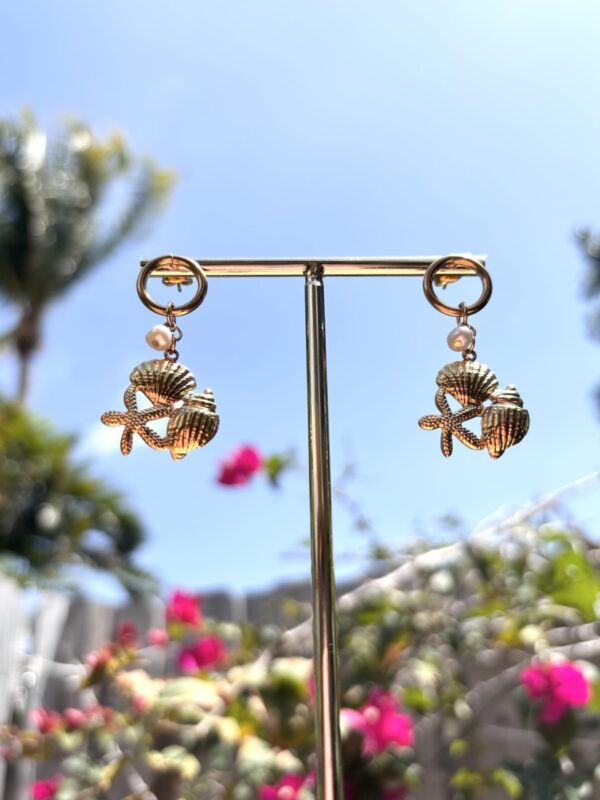 Boho Pearl Earrings - Ocean Collection/Stainless Steel/Starfish Seashell Conch - Image 7