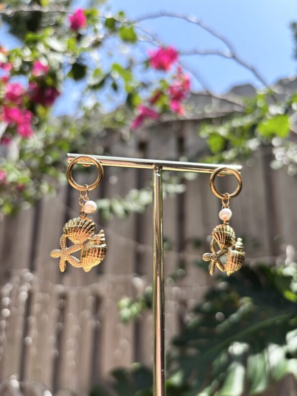 Boho Pearl Earrings - Ocean Collection/Stainless Steel/Starfish Seashell Conch - Image 2
