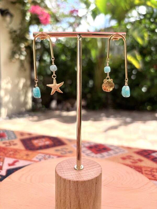 Boho Style Asymmetric U Shape Earrings - Starfish Seashell Earrings - Amazonite - Image 2